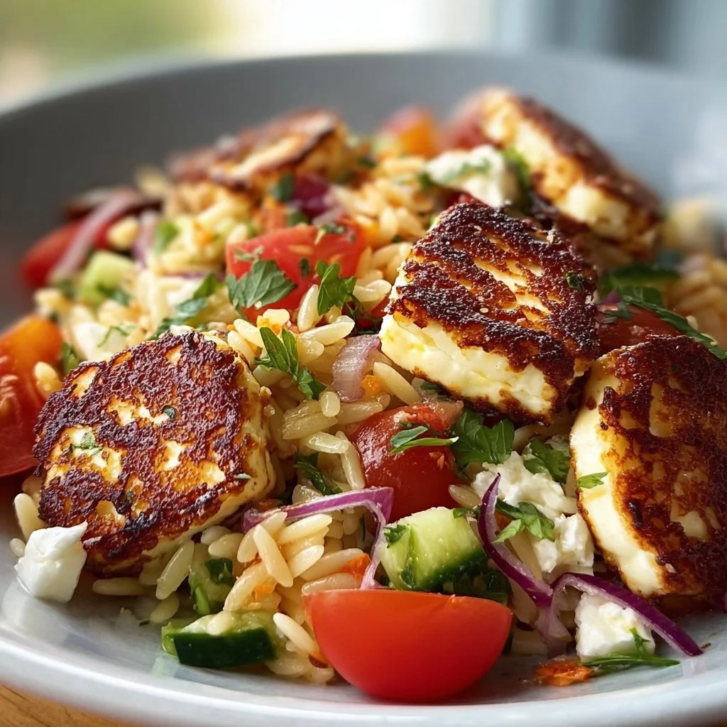 Kritharaki-Salat mit Halloumi-Croutons