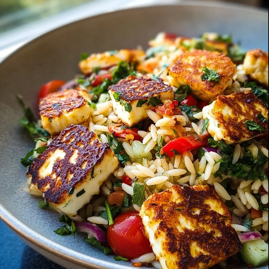 Kritharaki-Salat mit Halloumi-Croutons