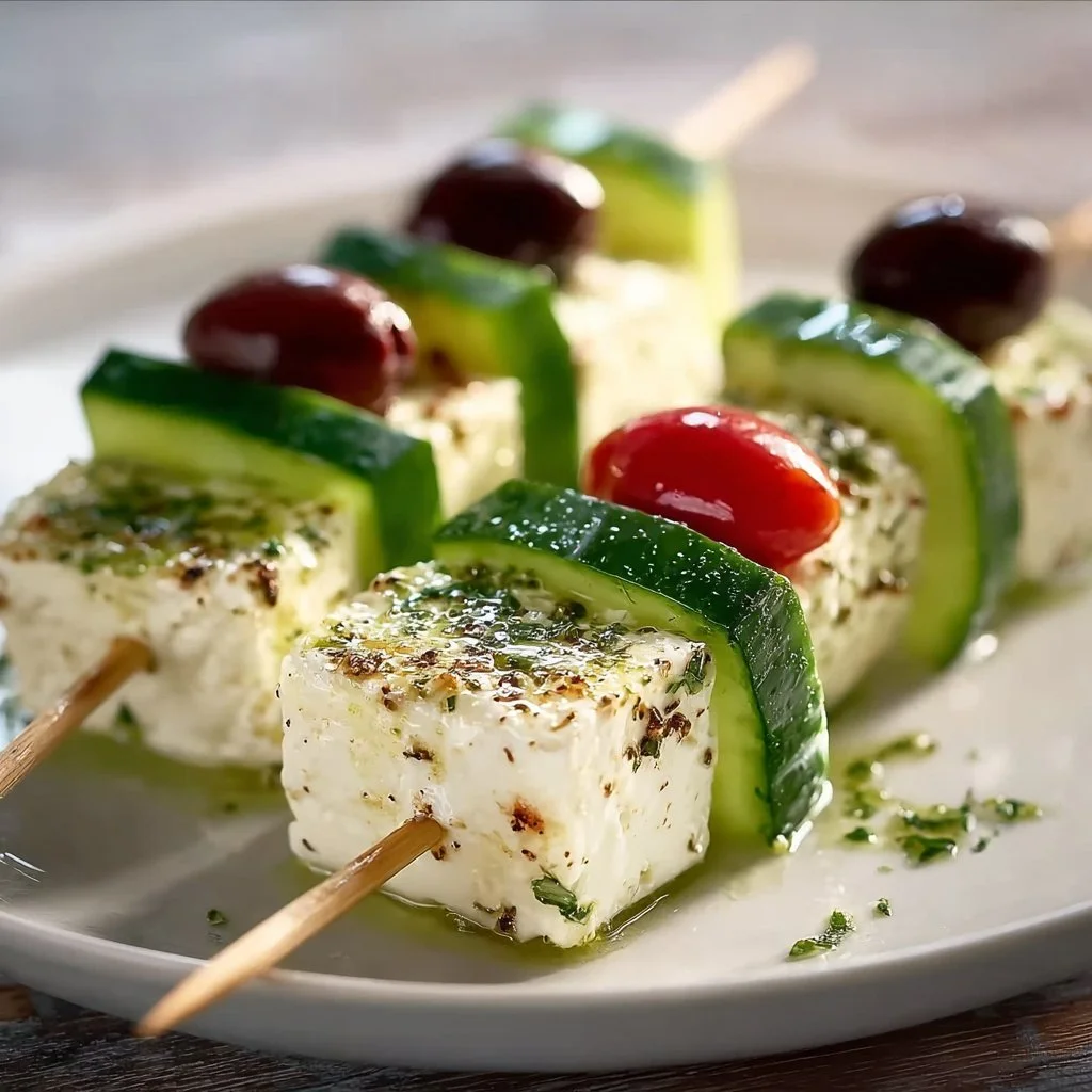 Leckere Feta-Spieße mit Gurke auf einem weißen Teller