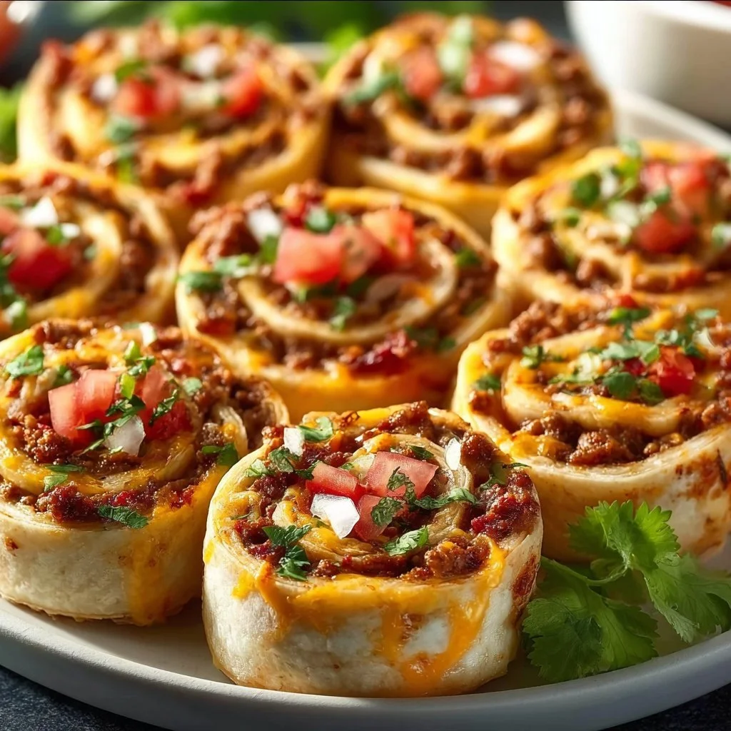 Leckere Taco-Pinwheels als Party-Appetizer serviert.