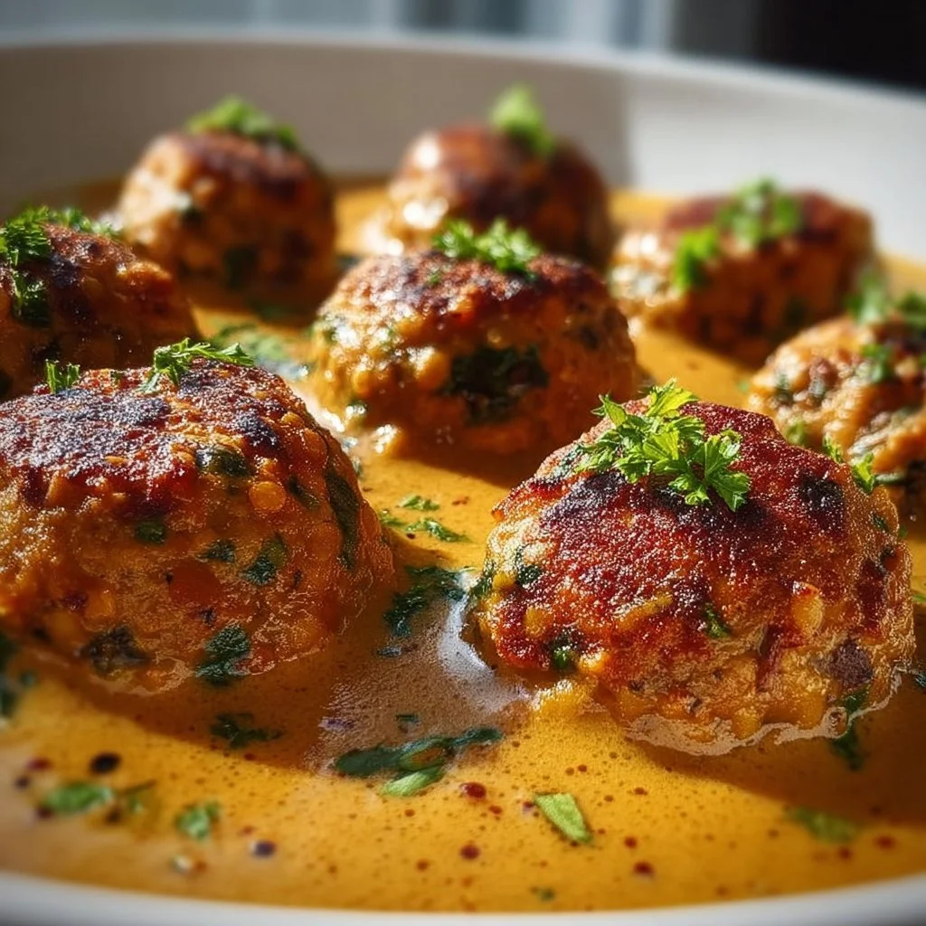 Linsenbällchen in Currysauce serviert mit frischem Gemüse