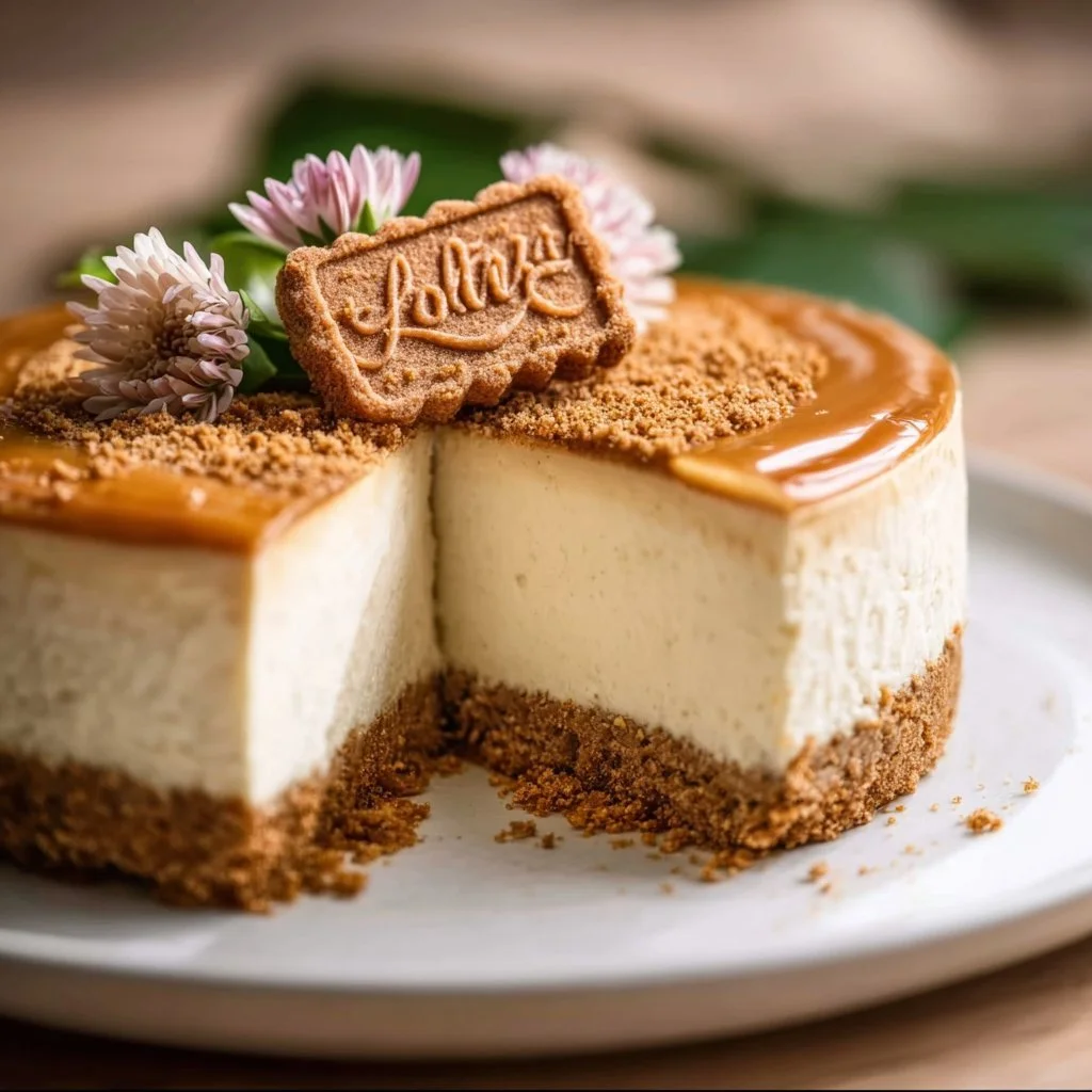 Lotus Cheesecake ohne Backen serviert auf einem Teller