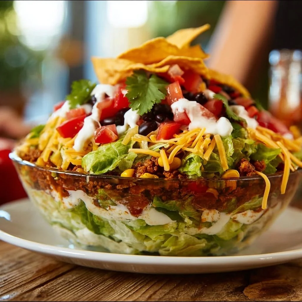 Mexikanischer Taco Schichtsalat in einer bunten Schale serviert