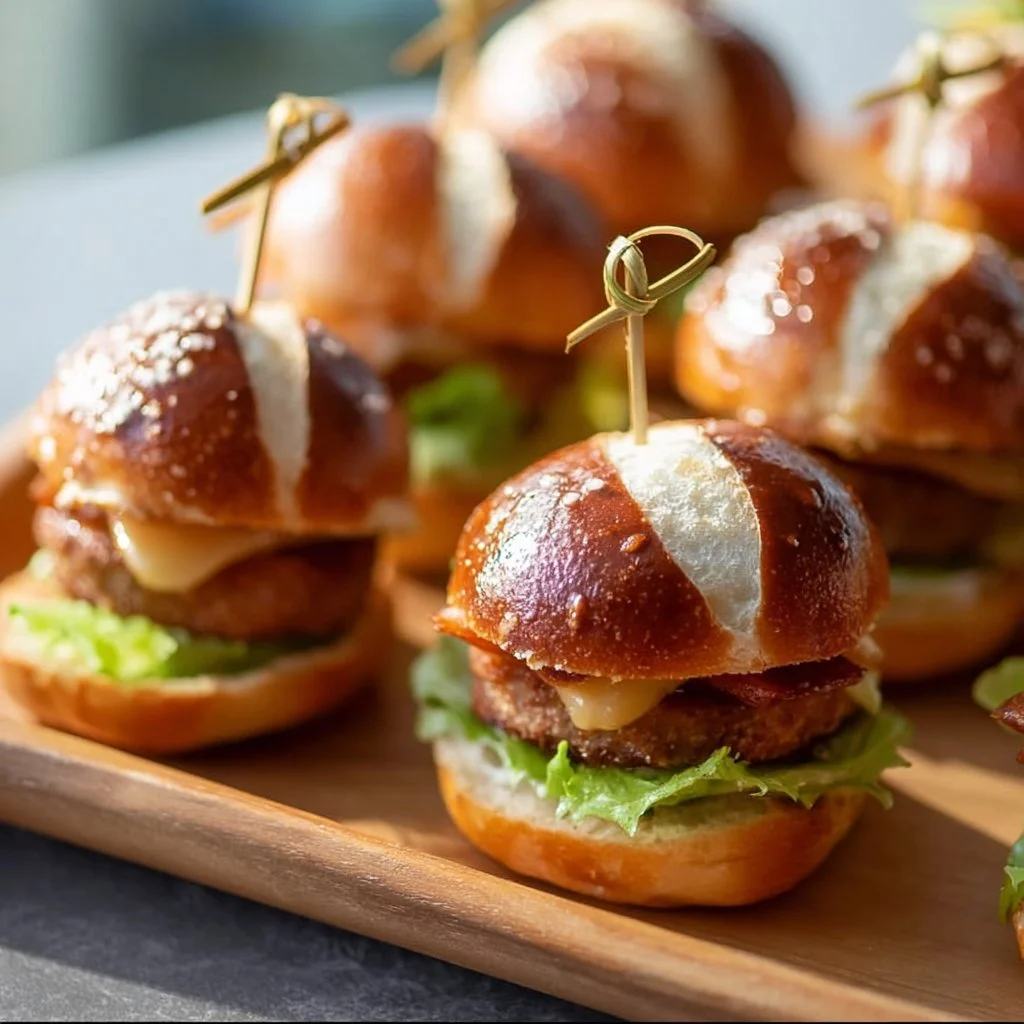 Mini Lye Burger mit Leberkäse auf einem Teller angerichtet
