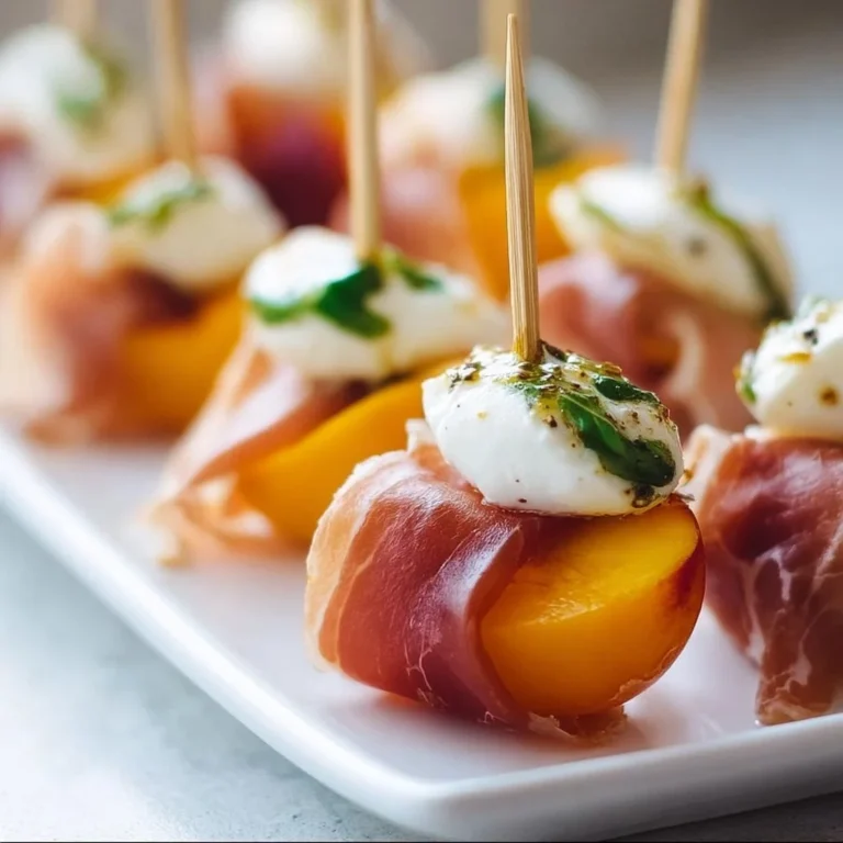 Antipasti-Spieße mit Mozzarella, Prosciutto und eingelegten Pfirsichen auf einem Teller