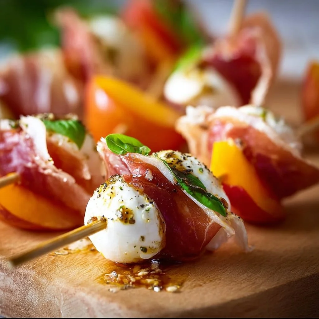 Mozzarella, Prosciutto und eingelegte Pfirsich-Antipasti-Spie&szlig;e