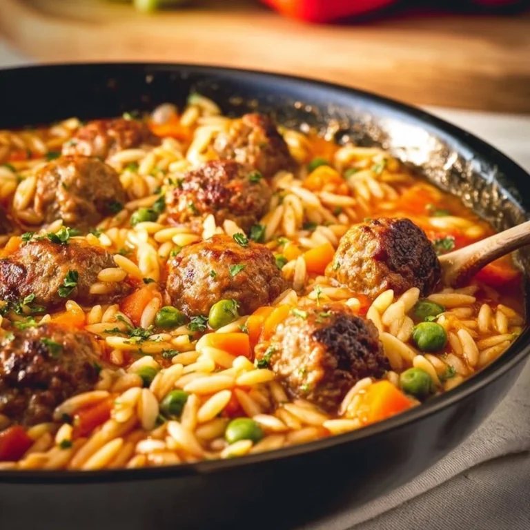 Würzige Orzo-Pfanne mit Hackbällchen und buntem Gemüse