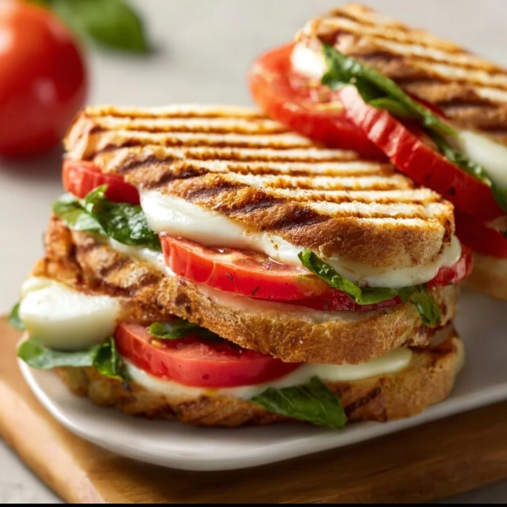 Panini Tomate Mozzarella mit frischen Zutaten auf einem Holzbrett