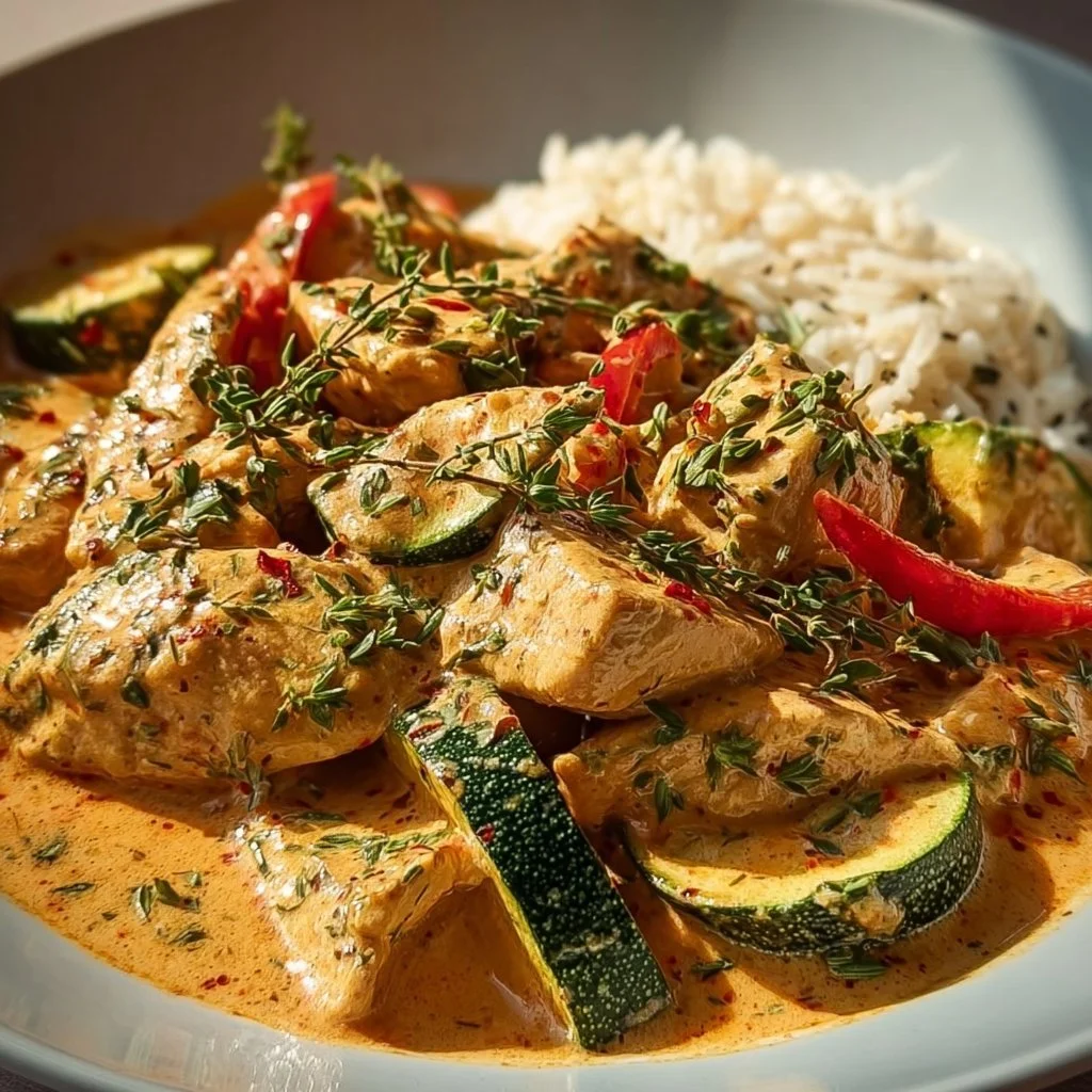 Paprika-Zucchini-Hähnchen in Sahnesauce auf einem Teller serviert