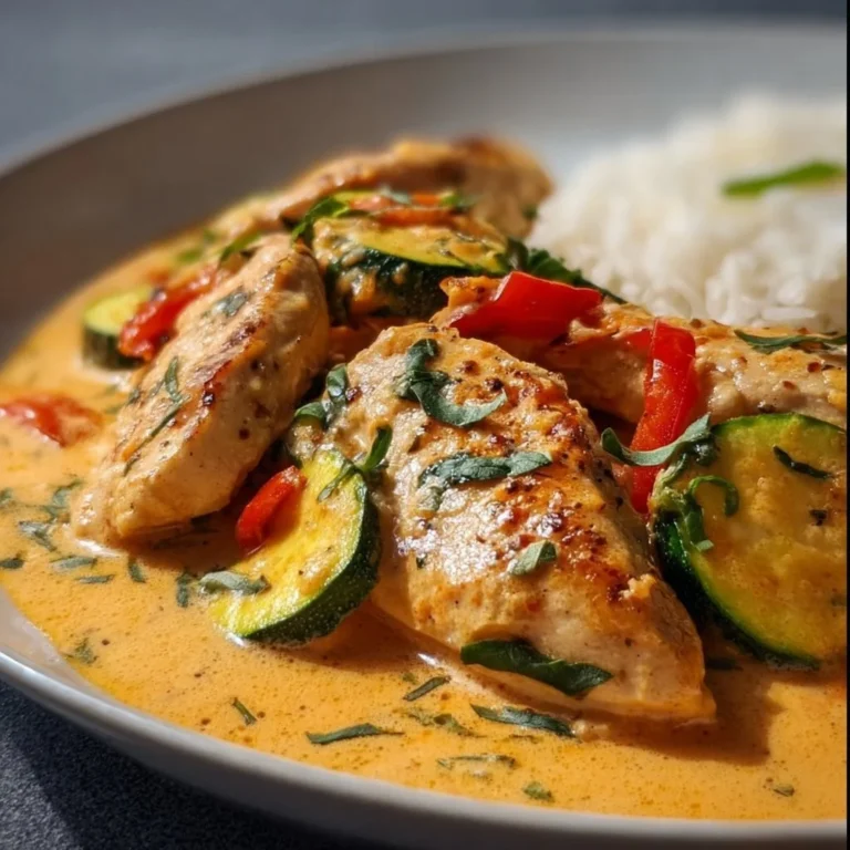 Paprika Zucchini Sahne Hähnchen auf einem Teller serviert
