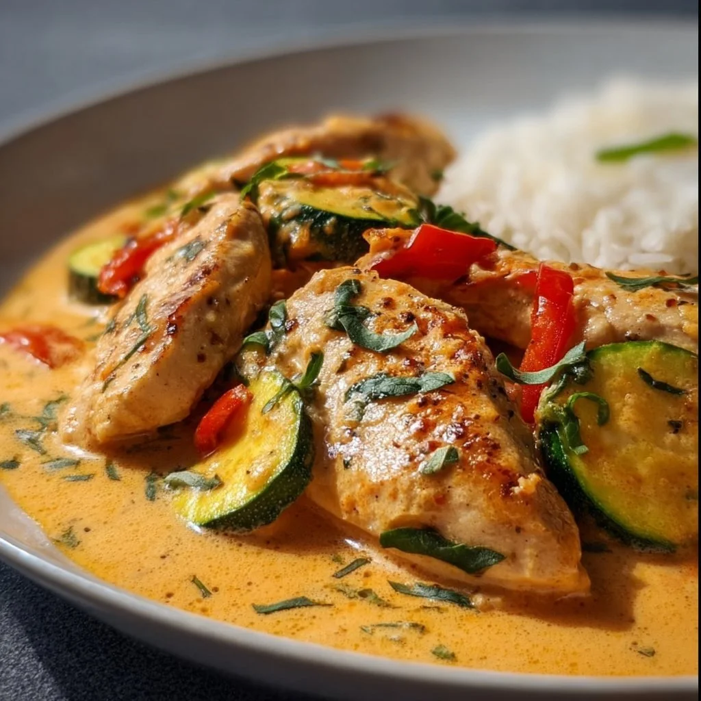 Paprika Zucchini Sahne Hähnchen auf einem Teller serviert
