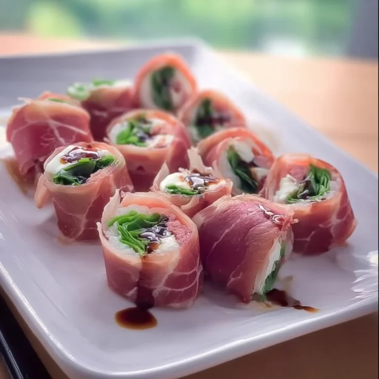 Delikate Prosciutto-Sushi-Rolle auf einem Teller, perfekt für Feinschmecker.