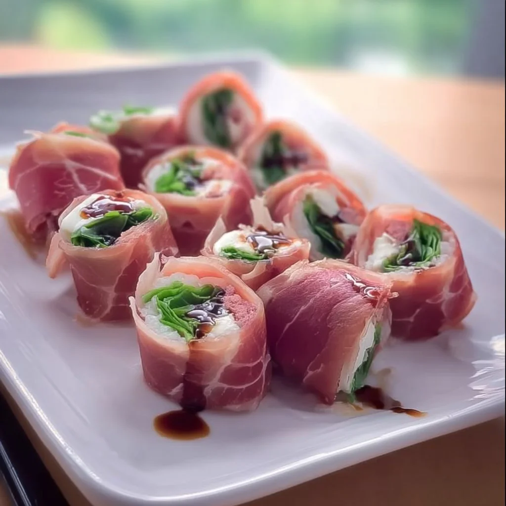 Delikate Prosciutto-Sushi-Rolle auf einem Teller, perfekt für Feinschmecker.