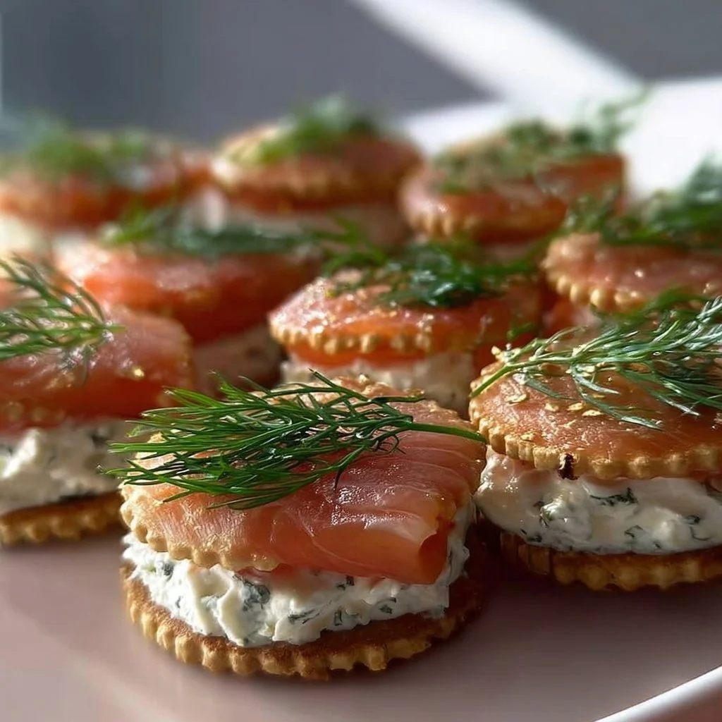 Räucherlachs und Frischkäse Canapés auf einem eleganten Servierteller