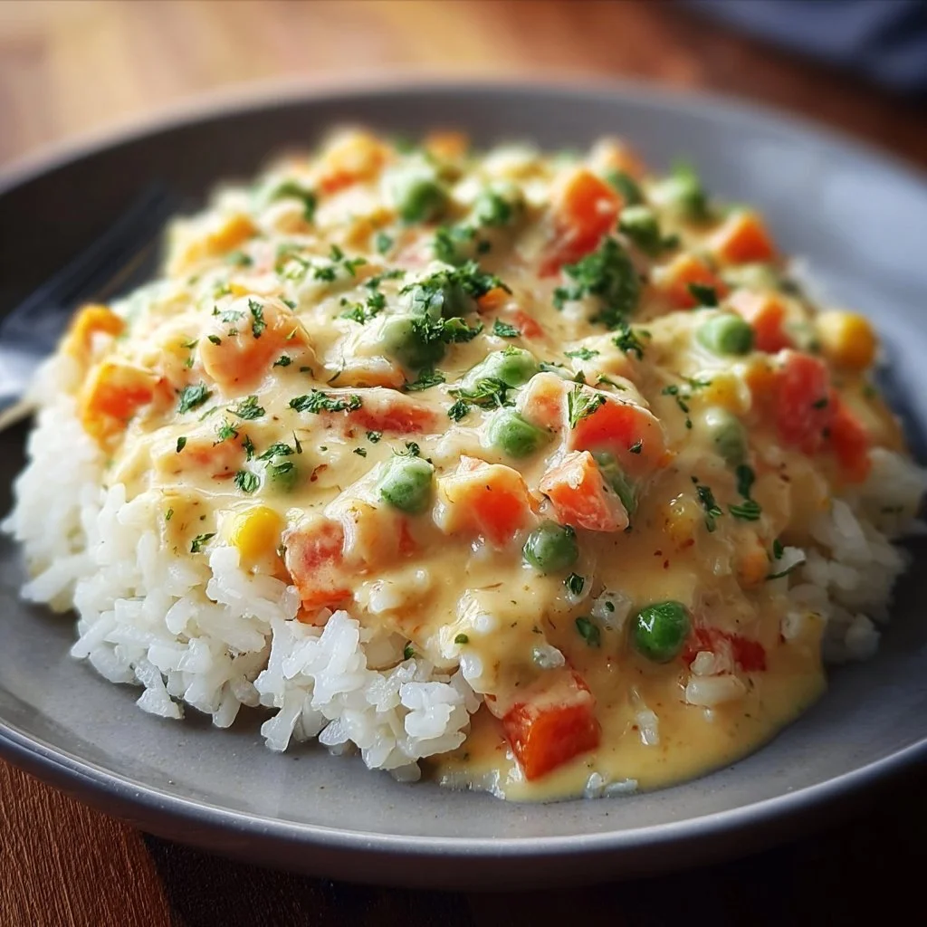 Reis mit Gemüse-Cremekäse-Sauce auf einem Teller, dekoriert mit frischen Kräutern.