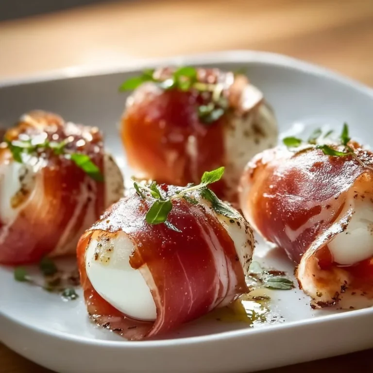 Leckere Rindfleisch-Häppchen mit Prosciutto und Mozzarella auf einem Teller