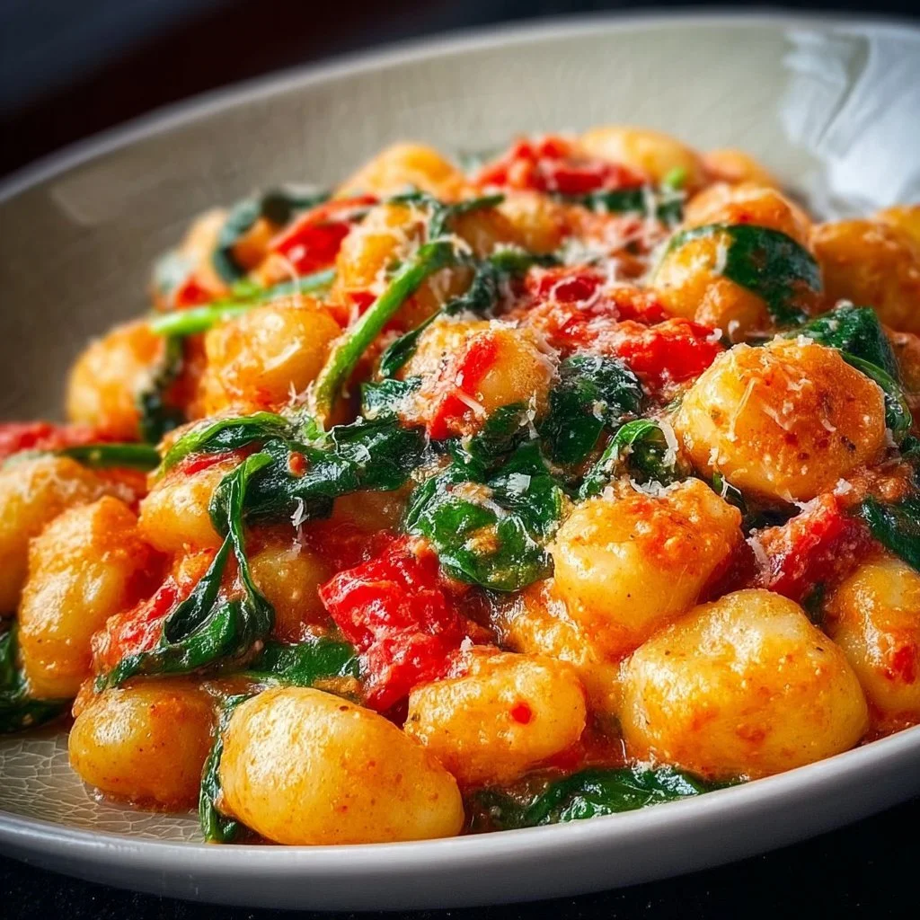 Schnelle Gnocchi-Pfanne mit Tomate und Spinat auf einem schönen Teller