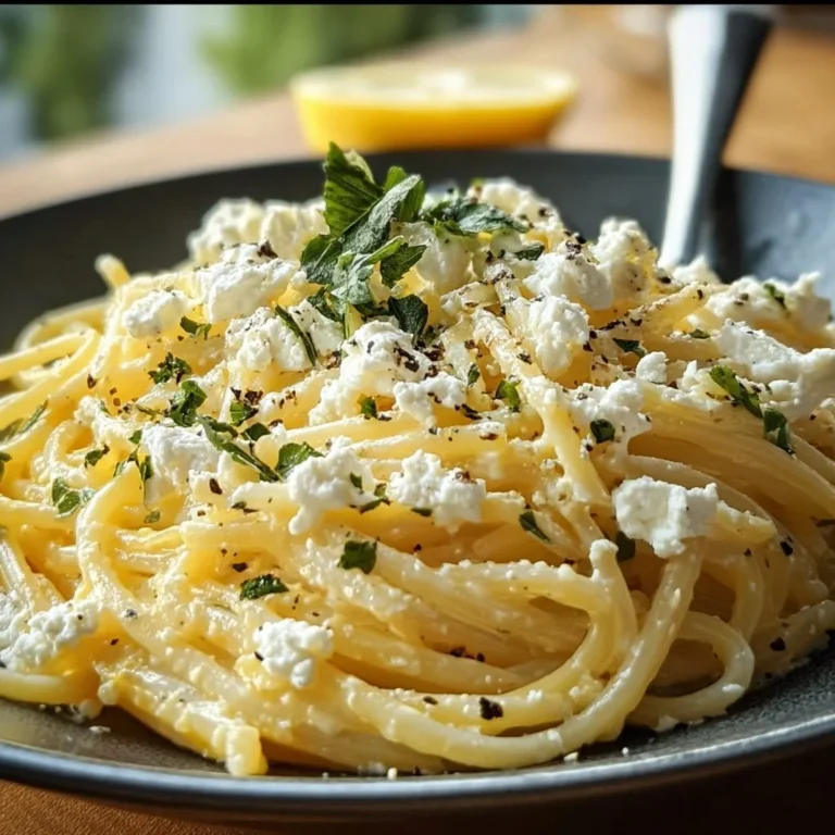 Spaghetti Feta mit Zitrone auf einem Teller serviert.