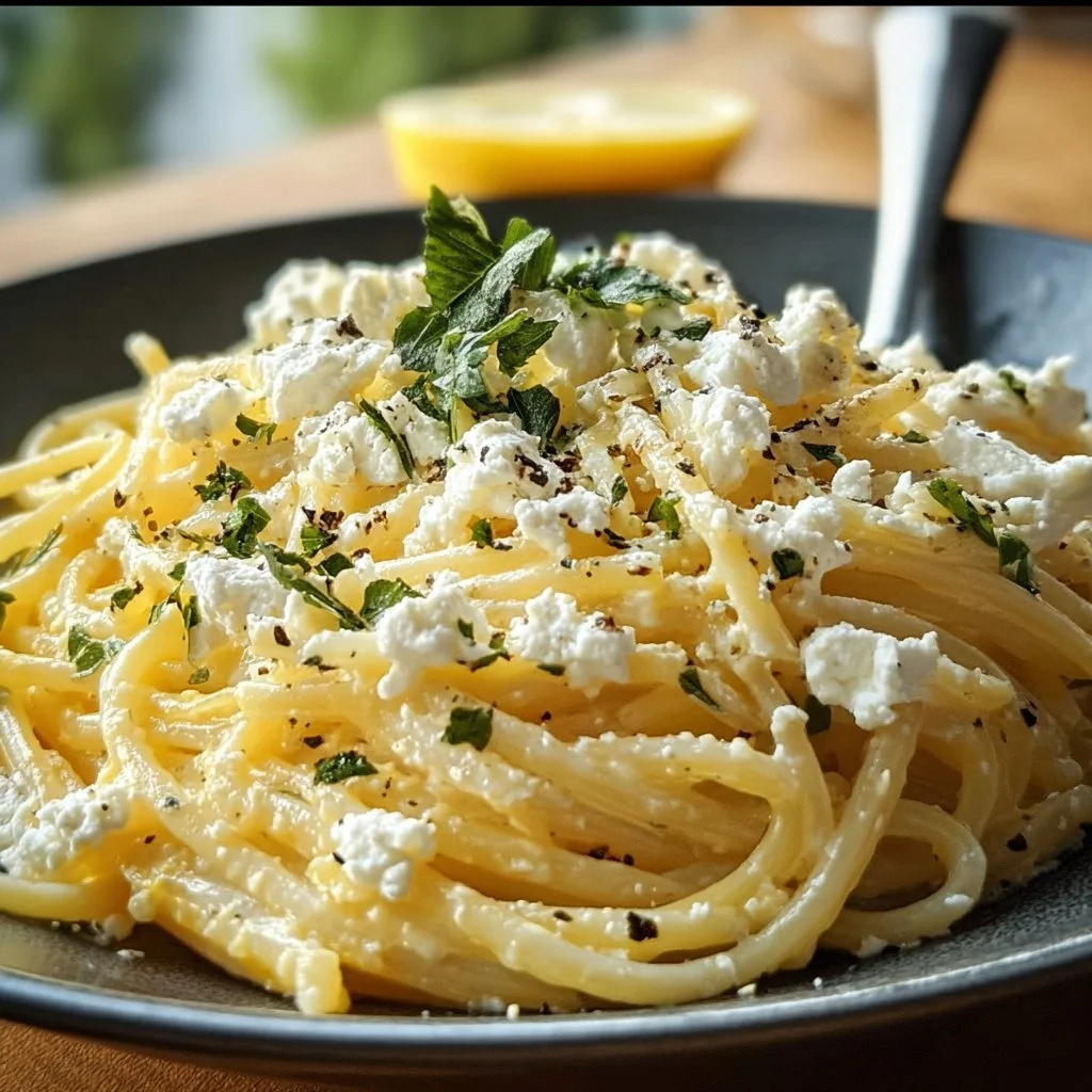 Spaghetti Feta mit Zitrone auf einem Teller serviert.