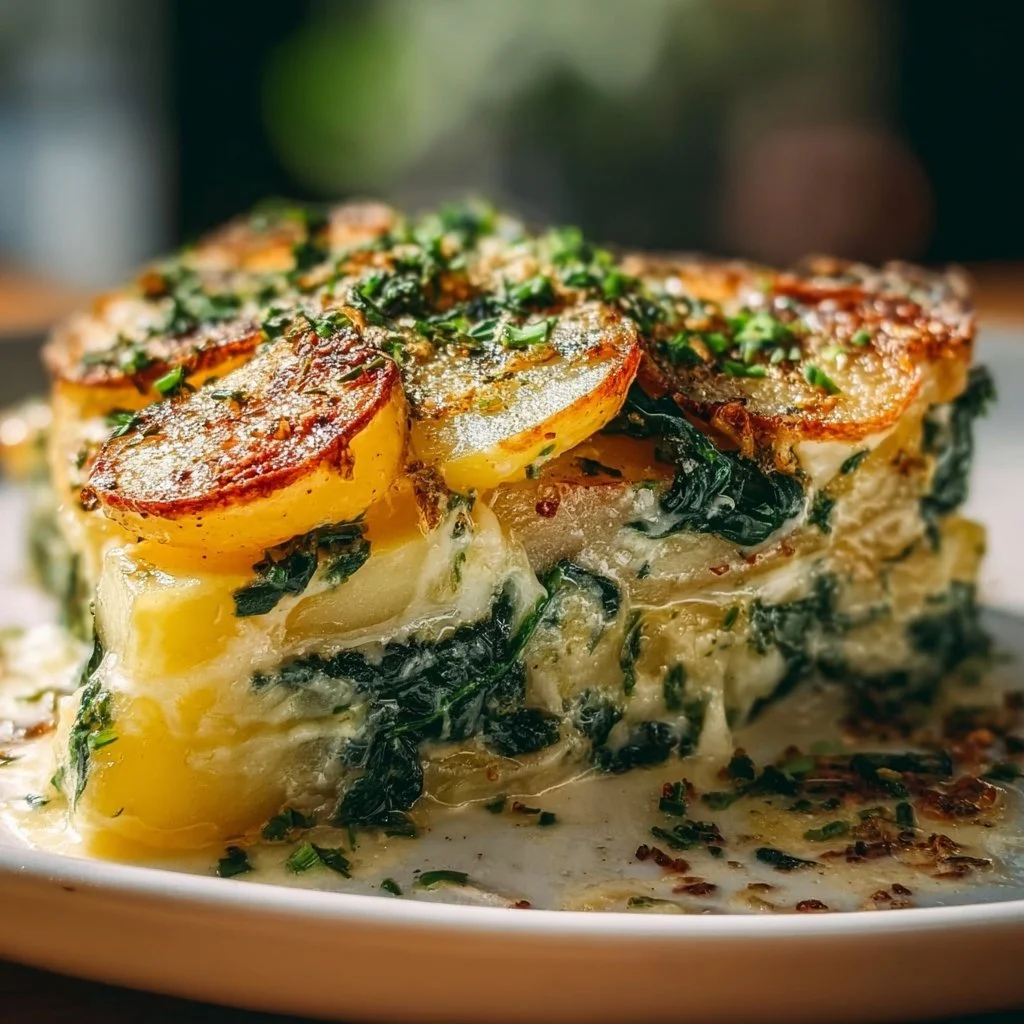 Spinat-Kartoffel-Auflauf mit Knoblauch auf einem Teller serviert