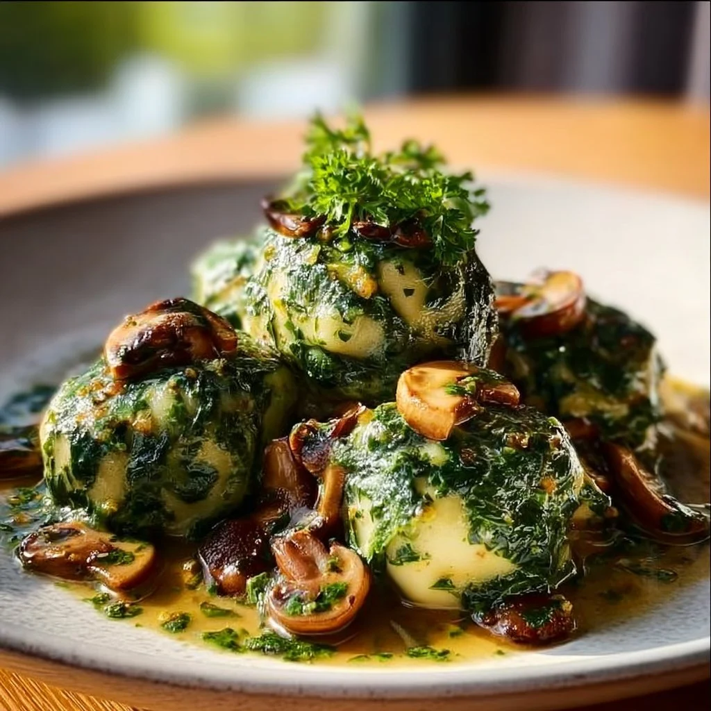 Leckere Spinatknödel serviert mit aromatischem Pilzragout.