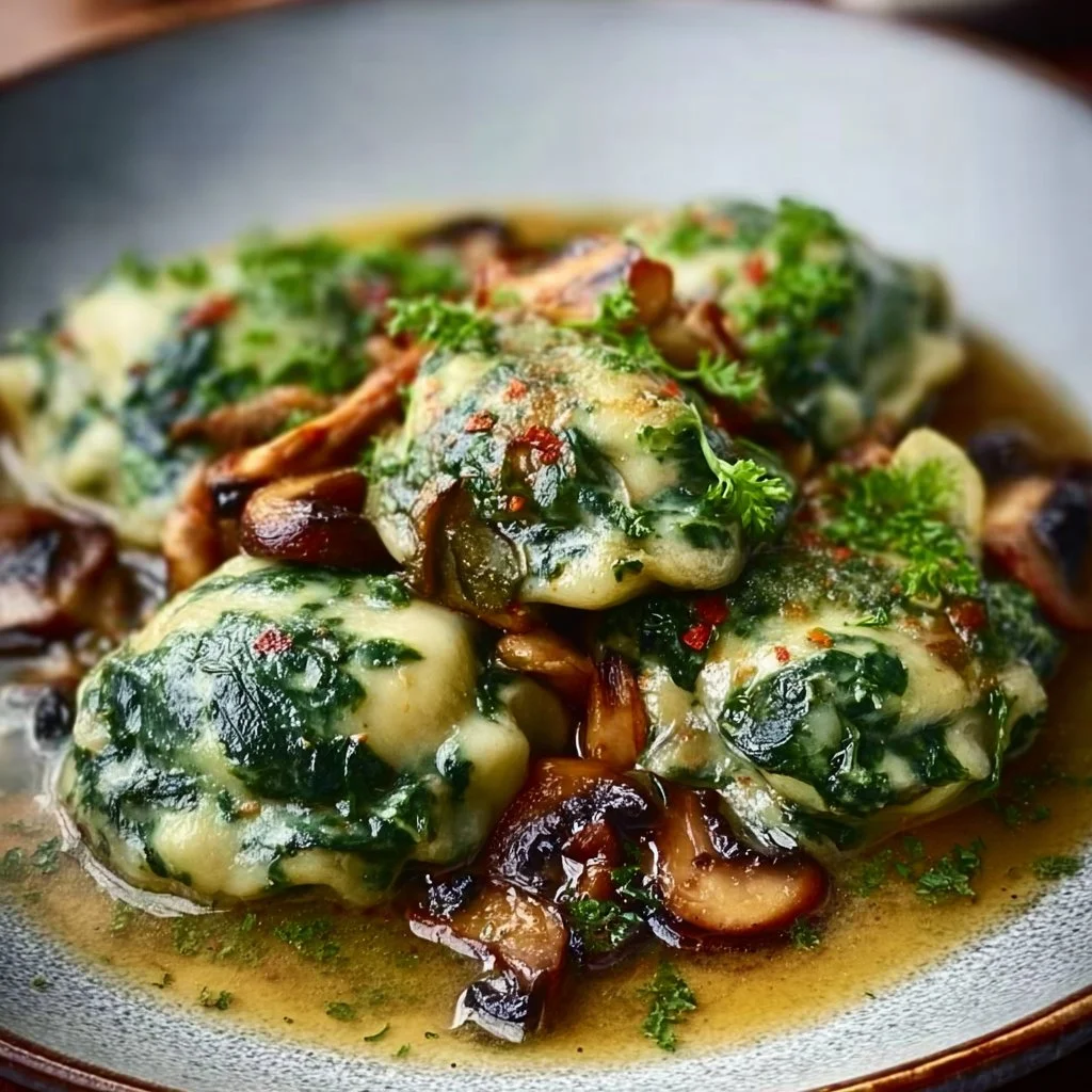 Spinatkn&ouml;del mit Pilzragout