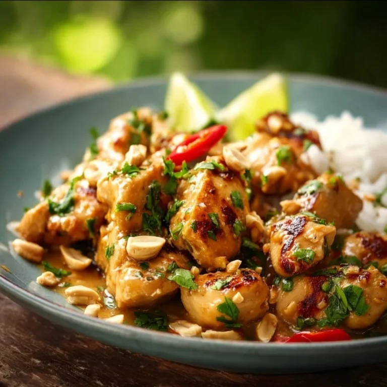 Leckeres thailändisches Erdnuss-Hähnchen mit Erdnusssauce und frischem Gemüse