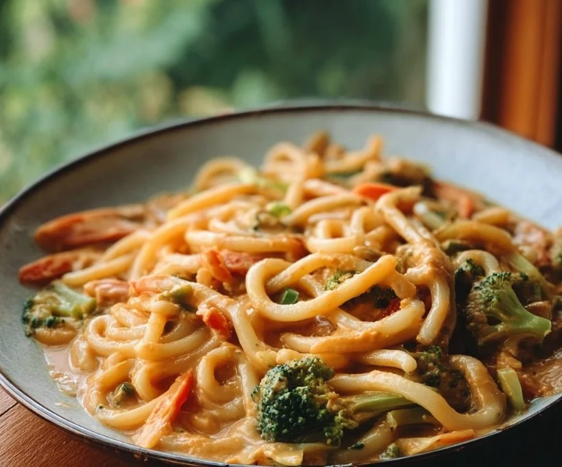 Udon Nudeln mit Erdnusssauce und Gem&uuml;se