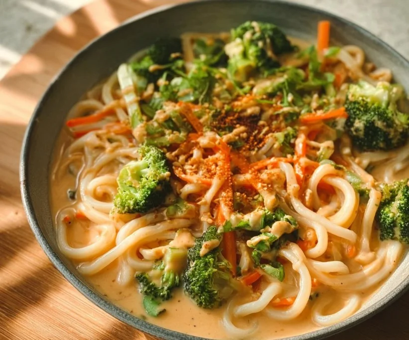 Udon Nudeln mit Erdnusssauce und Gem&uuml;se