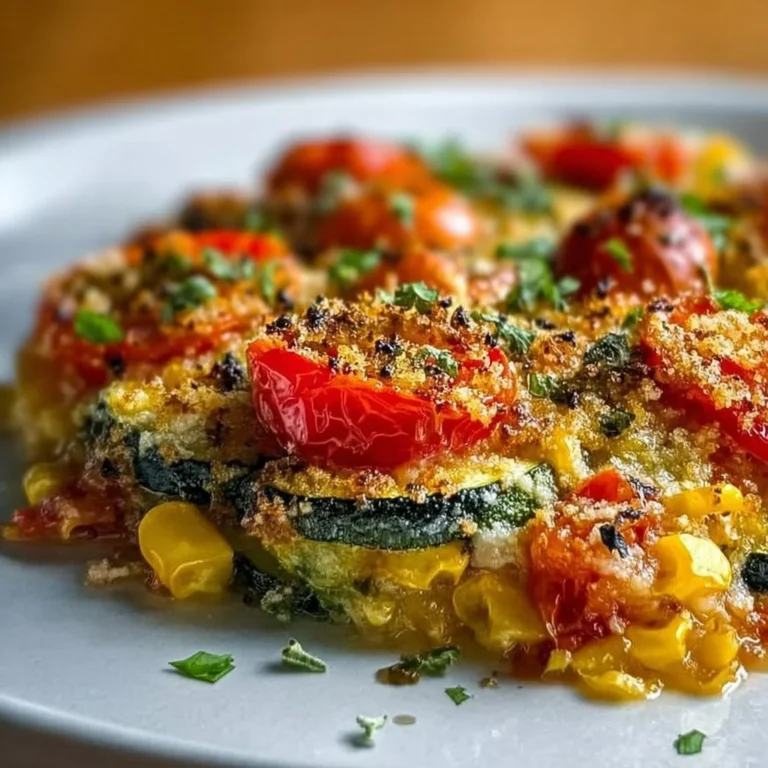 Käsige Zucchini-Mais-Tomaten-Auflaufform mit Parmesan-Kruste aus dem Ofen