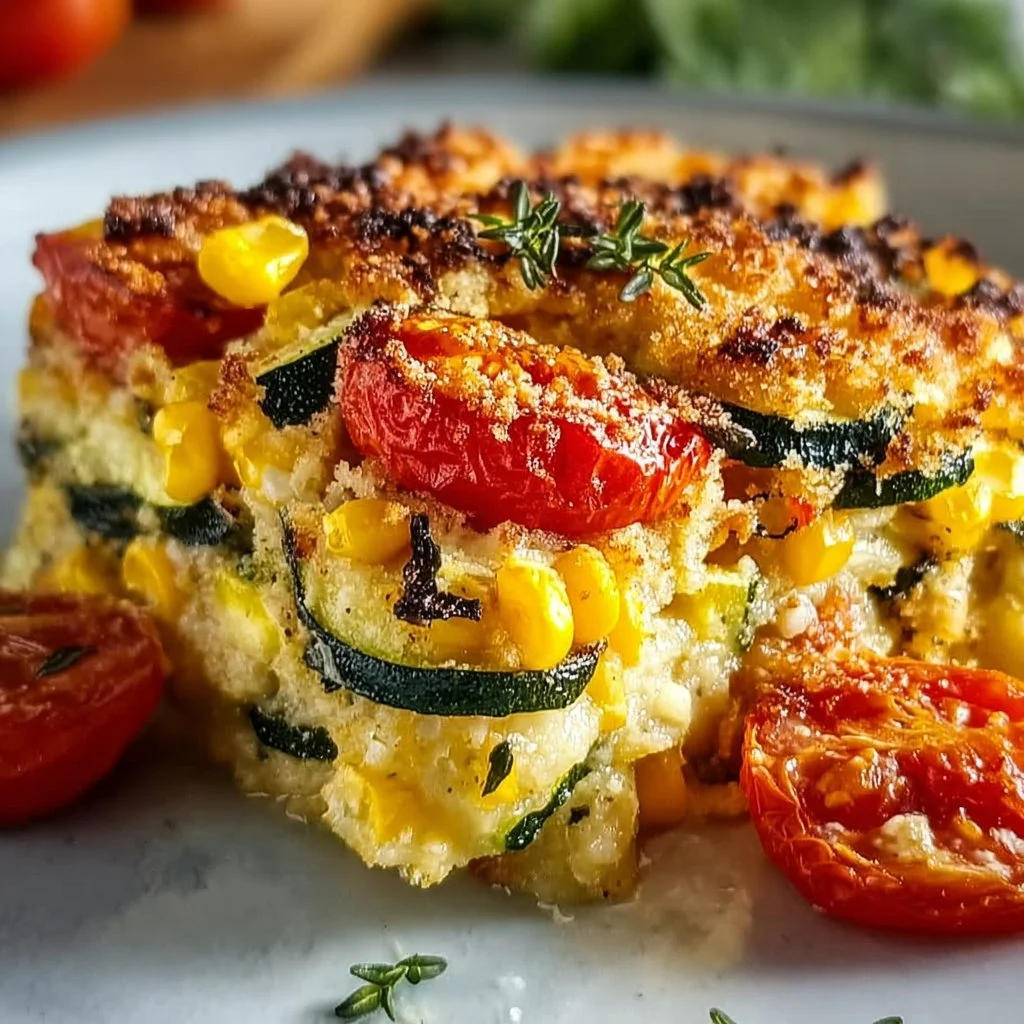 Unwiderstehlich K&auml;sige Zucchini-Mais-Tomaten-Auflaufform mit Parmesan-Kruste