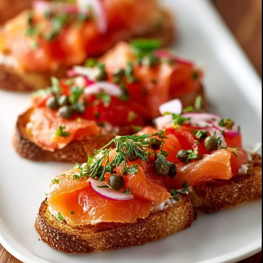 Leckere Räucherlachs-Bruschetta auf einem Teller