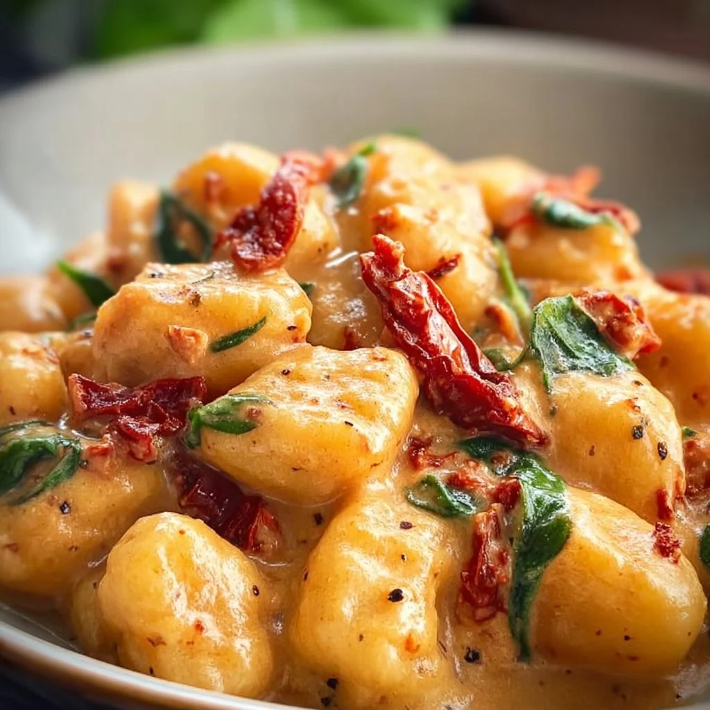 Vegane Gnocchi mit sonnengetrockneter Tomatensauce auf einem Teller
