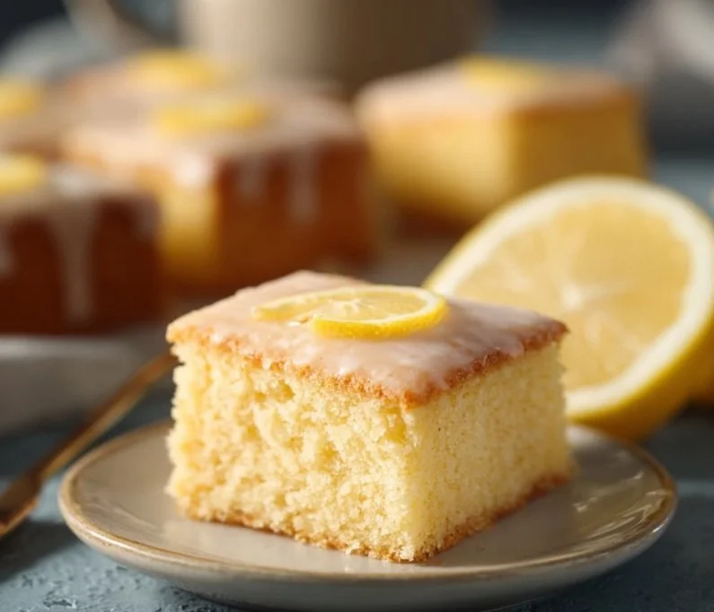 Zitronen-Butterkeks-Kuchen auf einem Teller, dekoriert mit frischen Zitronen