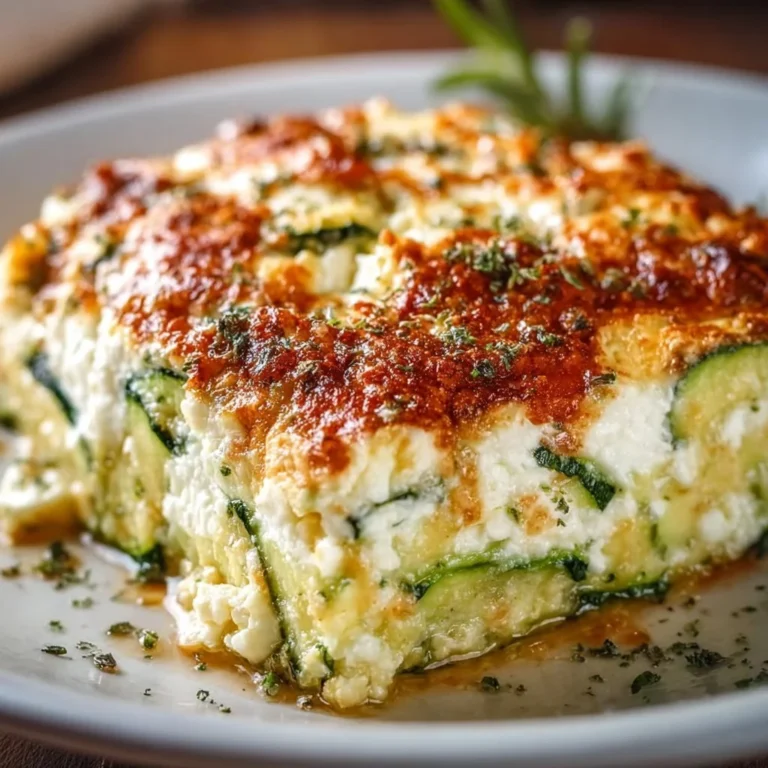 Zucchini-Cottage-Cheese-Casserole frisch aus dem Ofen serviert.