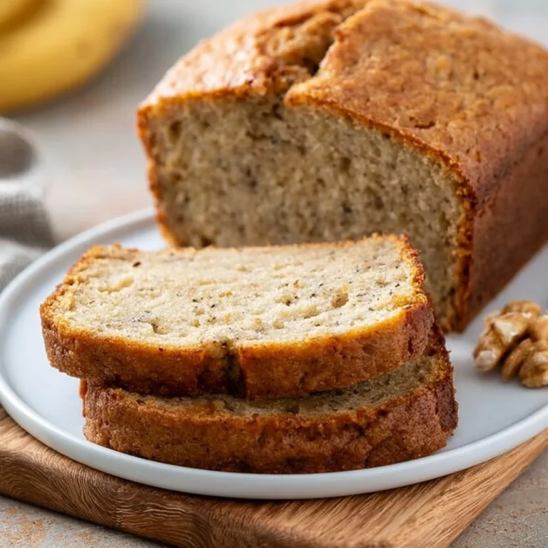 Leckeres Bananenbrot mit Bananen und Nüssen auf einem Holzbrett.