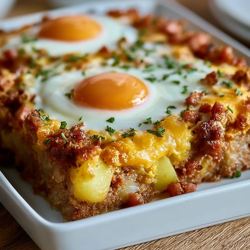 Bratkartoffel Leberkäse Auflauf mit Spiegelei