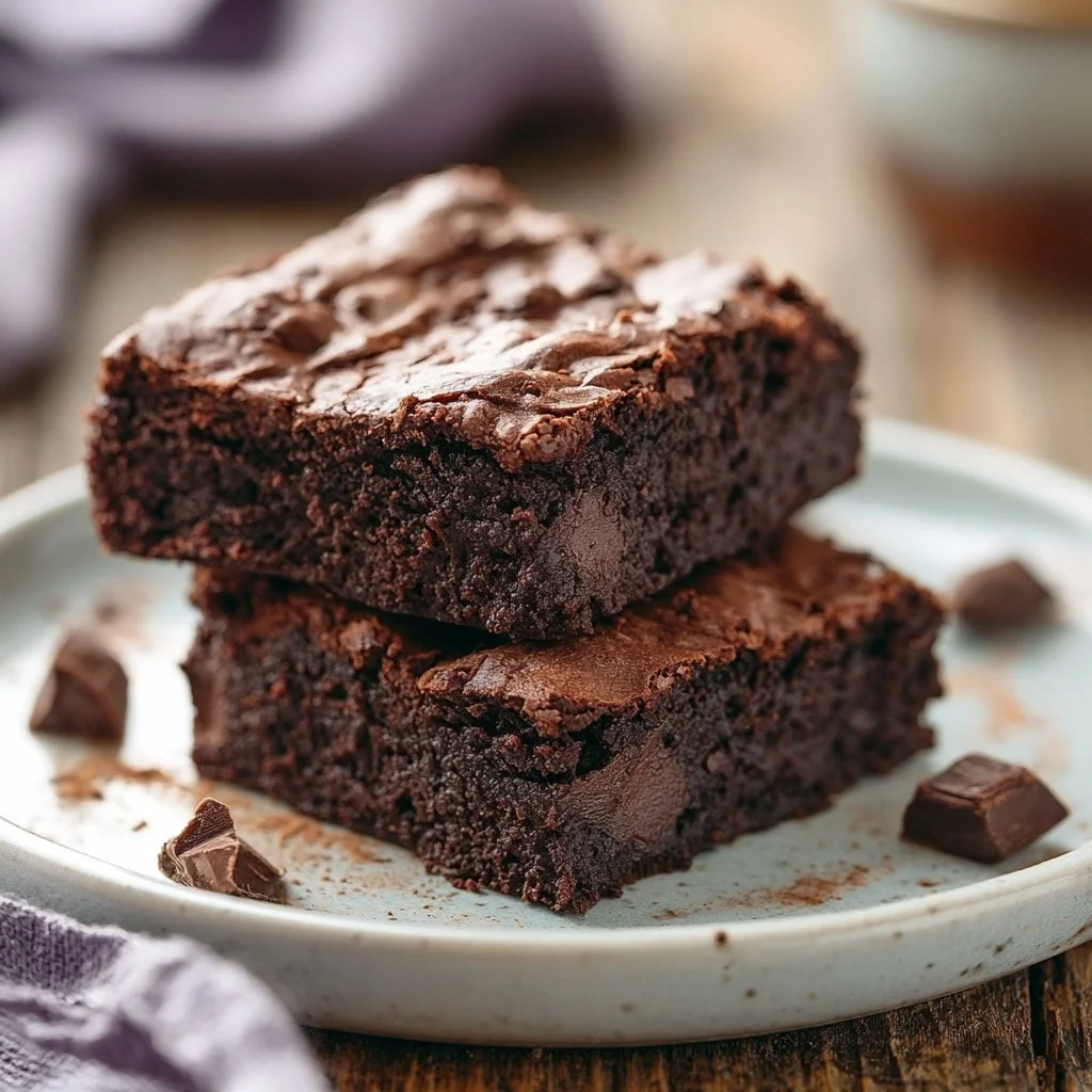 Leckere Brownies auf einem weißen Teller, frisch gebacken und schokoladig