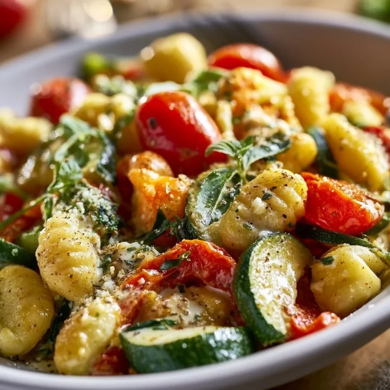 Cremige Gnocchi-Gemüse-Pfanne mit Frischkäse auf einem Teller serviert.