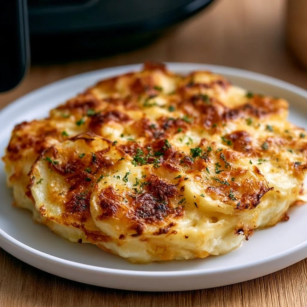Köstliches, cremiges Kartoffelgratin aus dem Airfryer in einer Auflaufform
