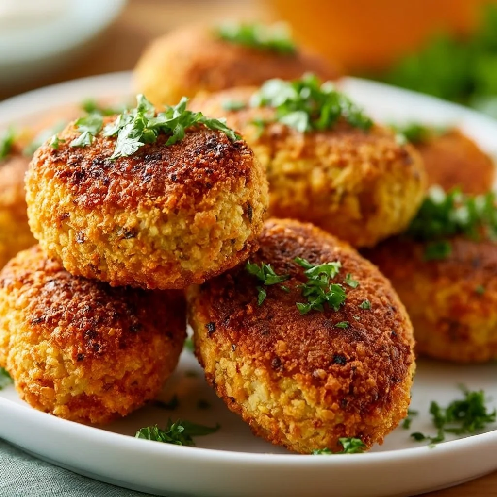 Linsen-Kroketten aus der Heißluftfritteuse, serviert auf einem Holzbrett