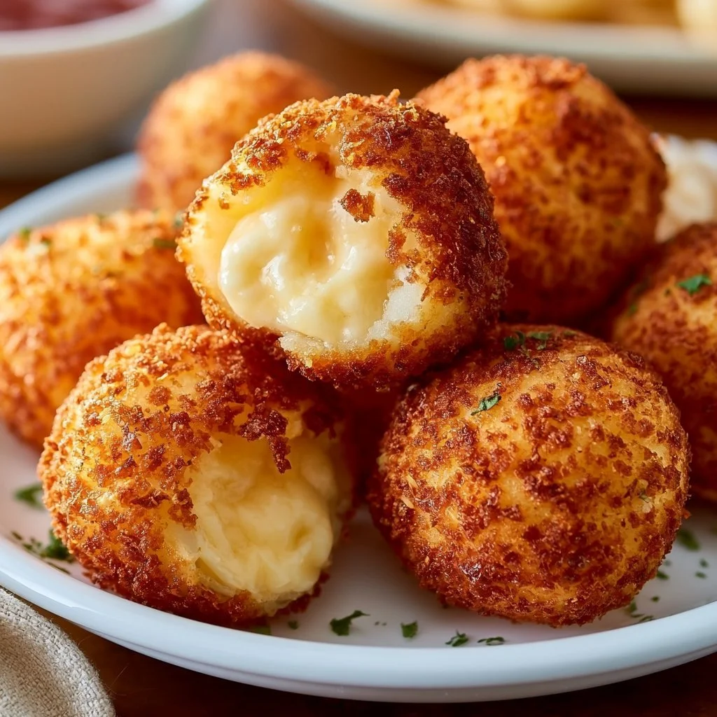 Air Fryer Käse-Kartoffelbällchen auf einem Teller serviert