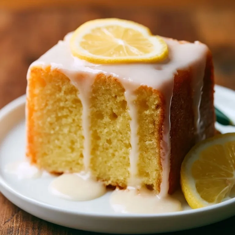 Saftiger Zitronenkuchen auf einem Tisch serviert, dekoriert mit Zitronenscheiben.