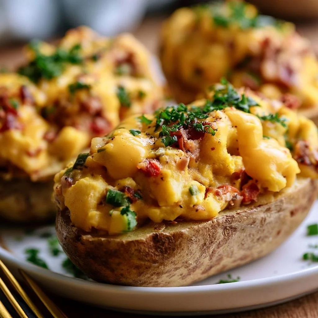 Gefüllte Ofenkartoffeln mit cremigem Gemüse und veganem Käse