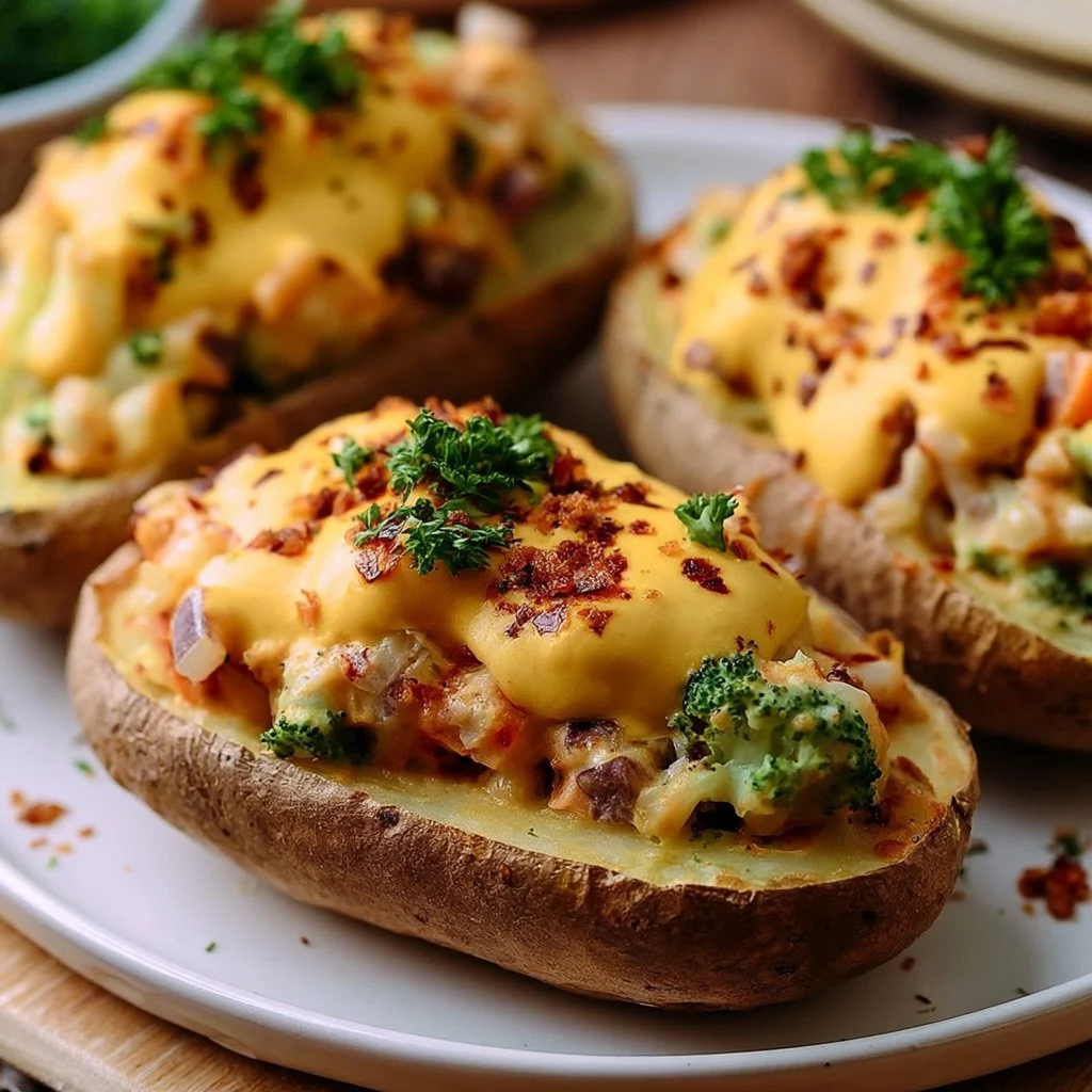 Gefüllte Ofenkartoffeln mit cremigem Gemüse und veganem Käse