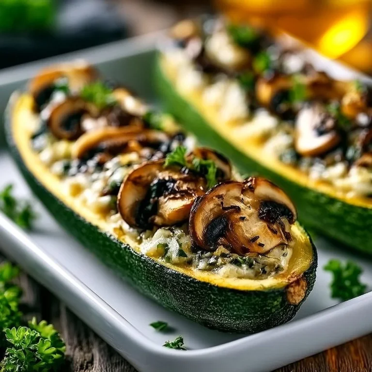 Gefüllte Zucchini mit Champignons auf einem Teller angerichtet