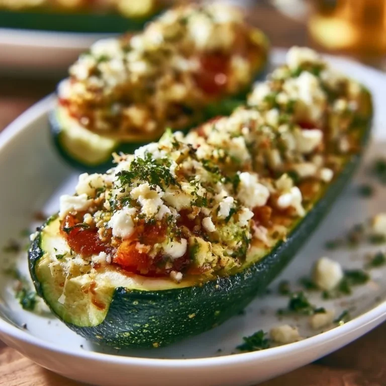 Gefüllte Zucchini mit Feta auf einem Teller, frisch zubereitet.