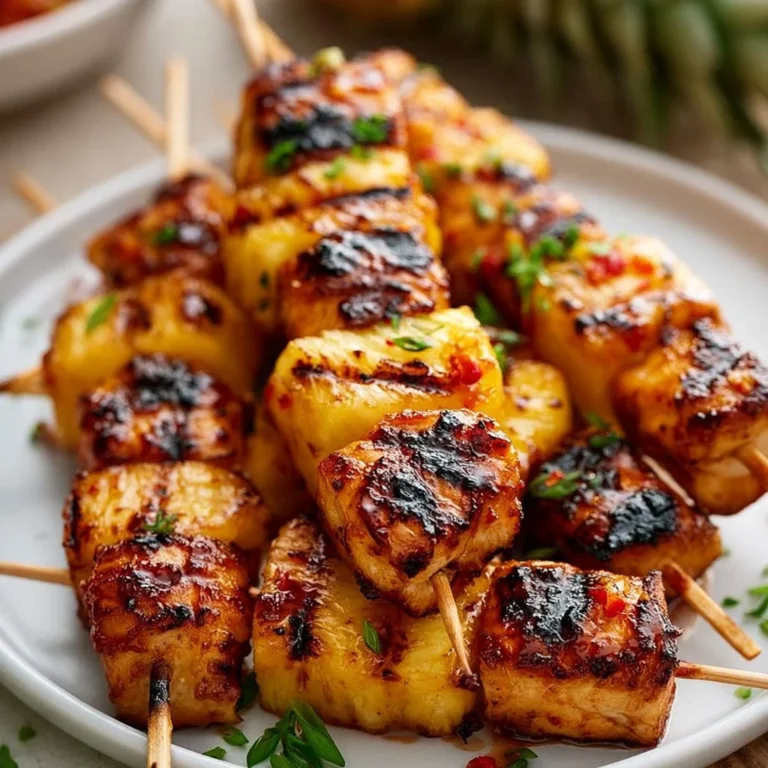 Gegrillte Hähnchen-Ananas-Spieße mit Honig-Chili-Glasur auf einem Teller