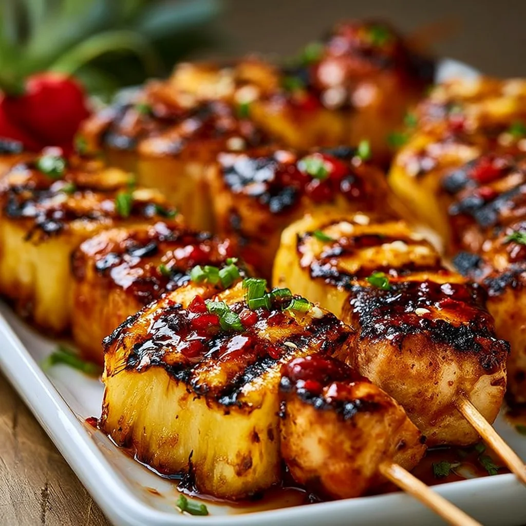 Gegrillte Hähnchen-Ananas-Spieße mit Honig-Chili-Glasur