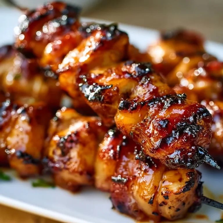 Gegrillte Honig-BBQ-Bacon-Hühnchen-Spieße auf einem Grill, appetitlich angerichtet